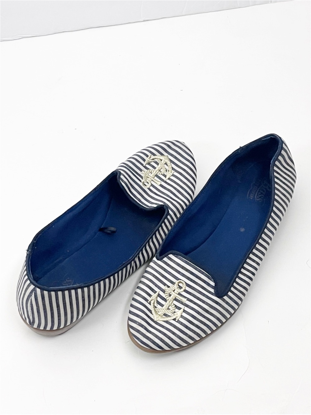 BASS Blue Stripe Anchor Graphic Slip On Flats 7.5 Casual Nautical Beach Comfort